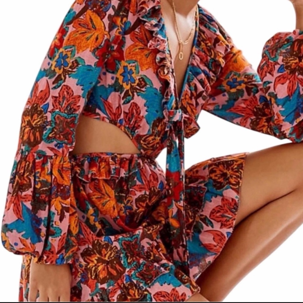 Anthropologie Love the Label Floral Cutout Mini Dress in Turquoise & Rust